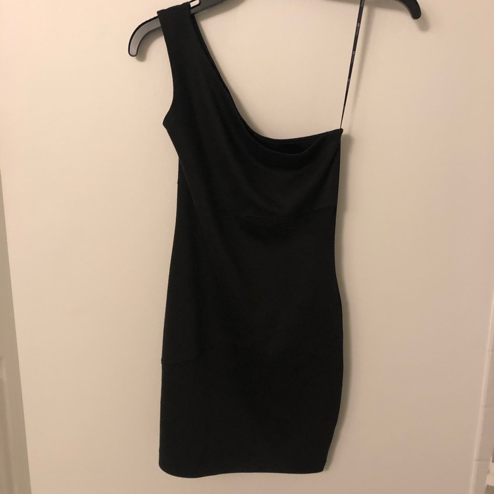 Black one shoulder dress with mesh side cutout